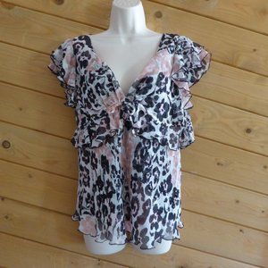Diane Von Furstenberg Pink and Black Leopard Ruffle V-Neck Blouse